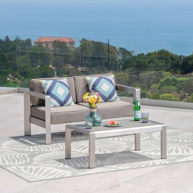 Aviara 2pc Aluminum Patio Loveseat amp Coffee Table Set Khaki Christopher Knight Home