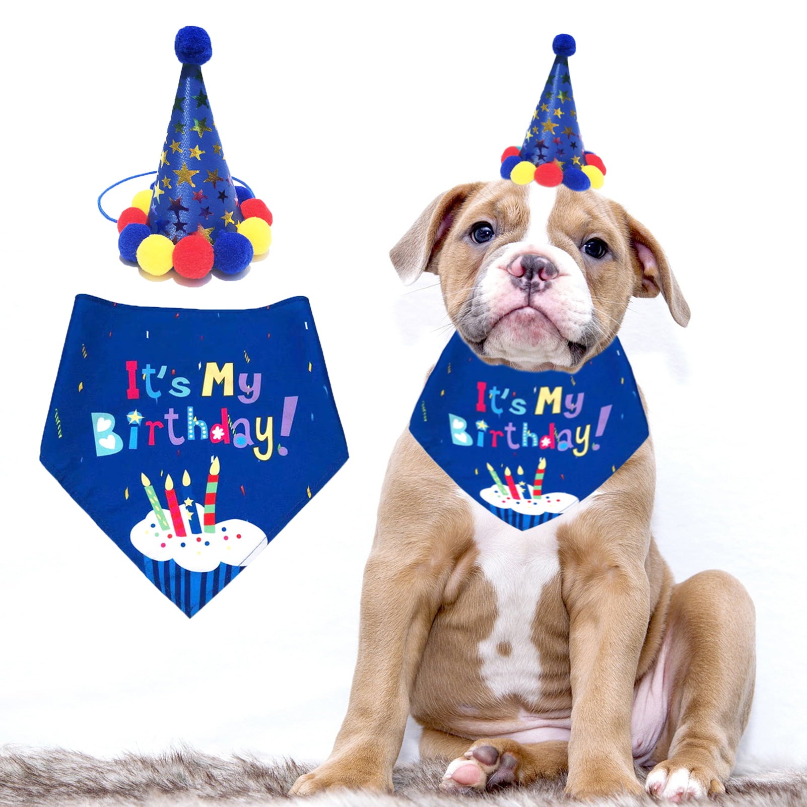 CHBORLESS 2 Pieces Dog Birthday Bandana Hat Pet Slobber Triangle Towel (Dark Blue)