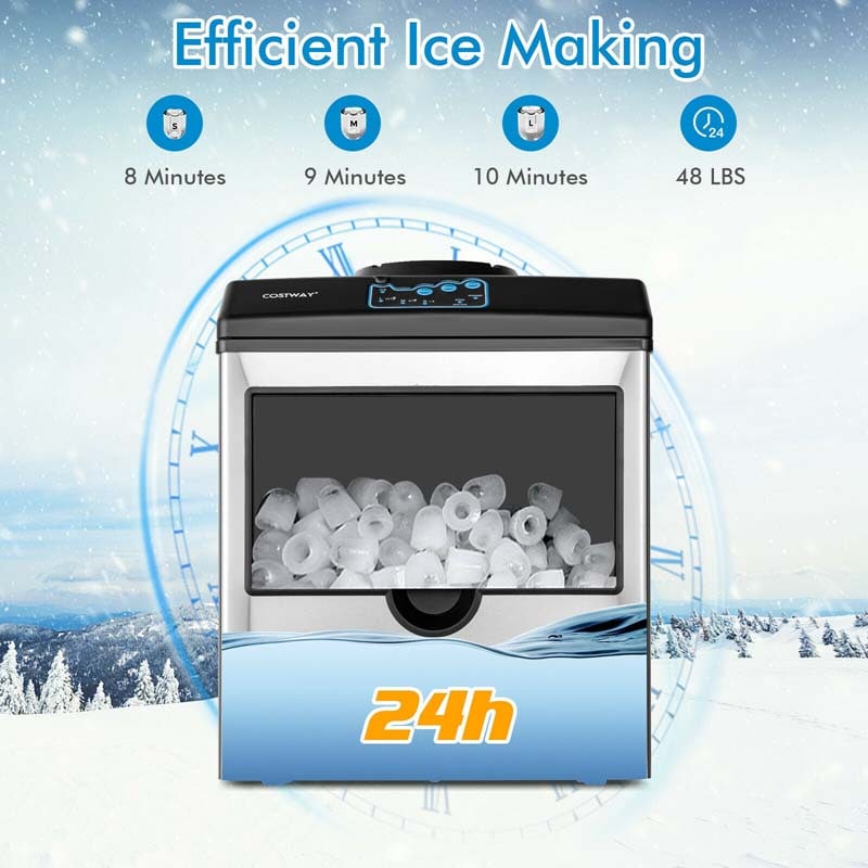 48LBS/24H 2-in-1 Stainless Steel Countertop Ice Maker Machine with Chilled Water Dispenser & 5LBS Ice Storage Basket