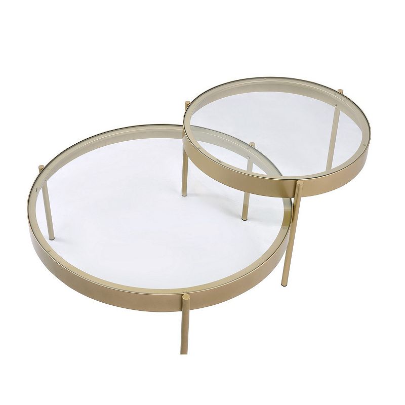 Contemporary Metal and Glass Round Nesting Table， Set of 2， Gold and Clear