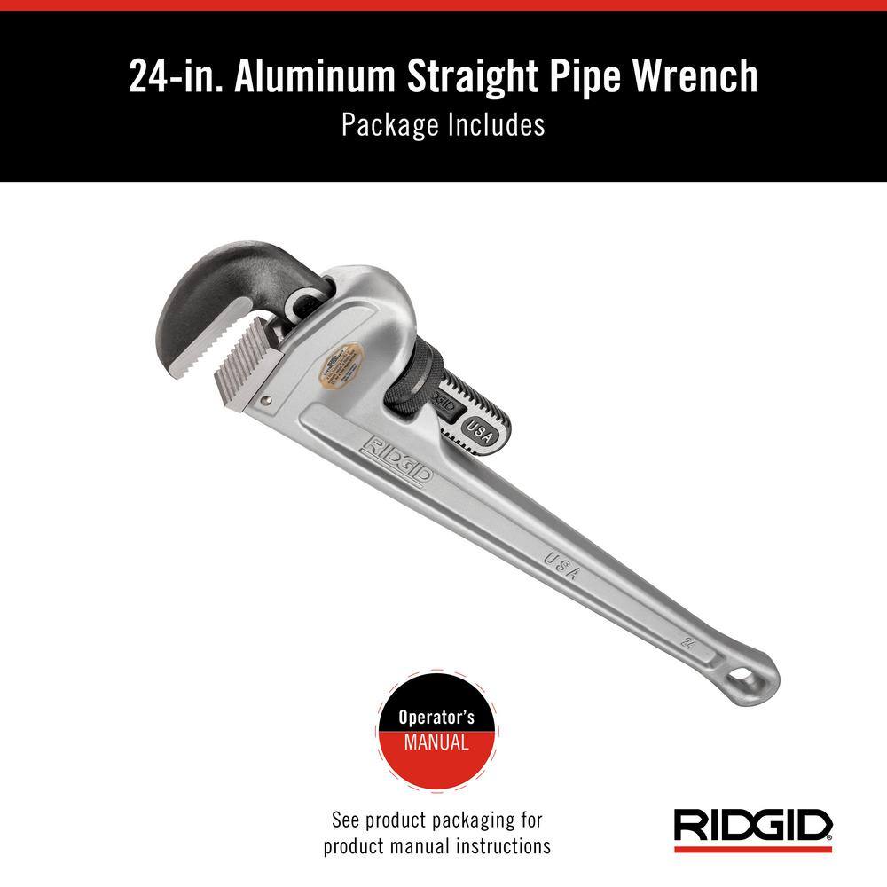 RIDGID 24 in. Aluminum Straight Pipe Wrench for Plumbing Sturdy Plumbing Pipe Tool with Self Cleaning Threads and Hook Jaws 31105