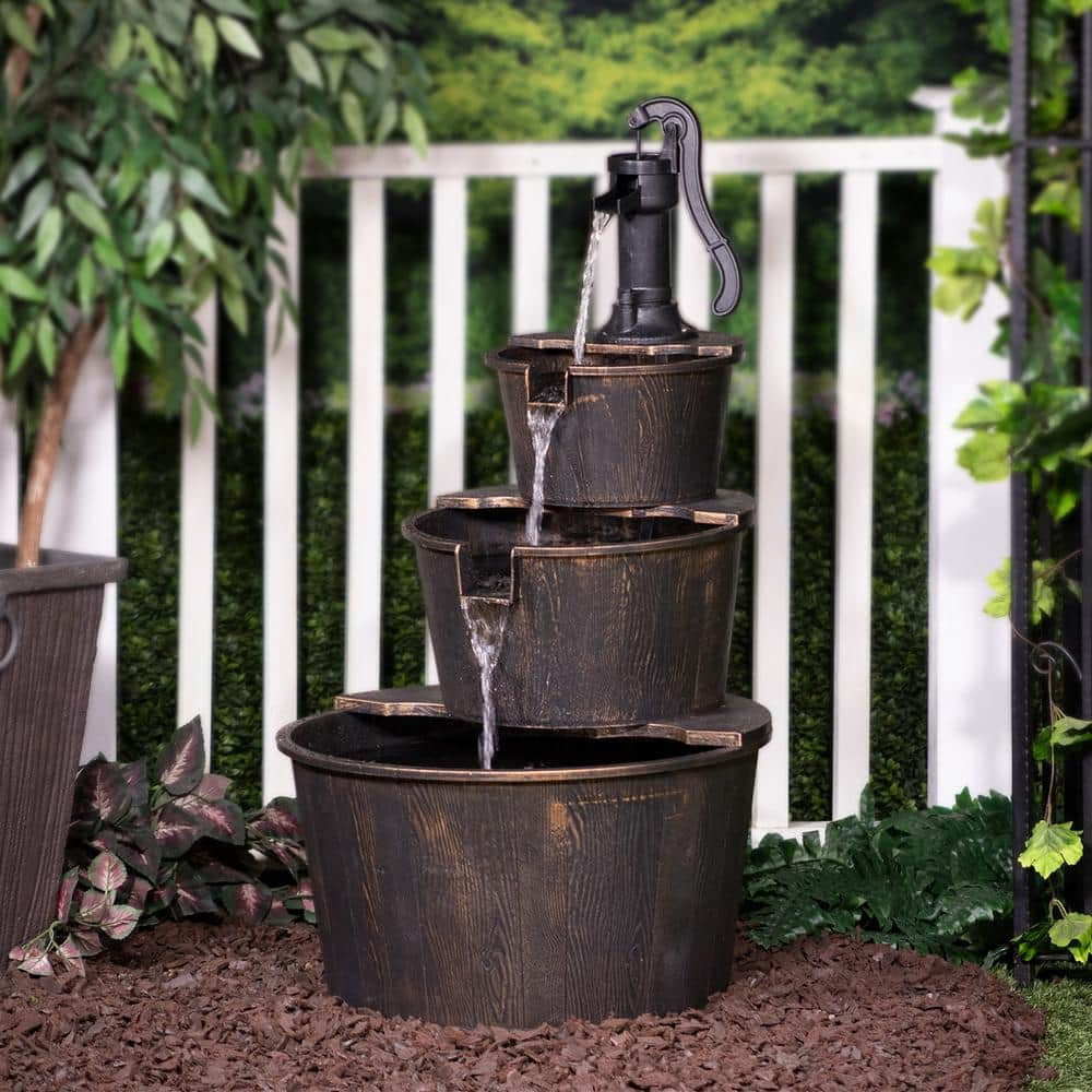 Alpine Corporation 40 in. Tall Outdoor 3-Tier Barrel Pump Waterfall Fountain, Brown TEC234BR