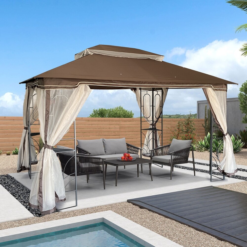 Coffee Ventilated 13x10 ft Gazebo with Removable Mesh  Double Roof