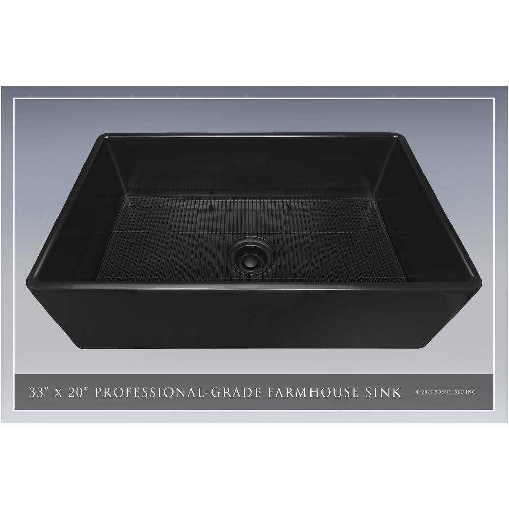 Fossil Blu Luxury Matte Black Solid Fireclay 33 in. Single Bowl Farmhouse Apron Kitchen Sink with Matte Black Accs and Flat Front WHS1022MB