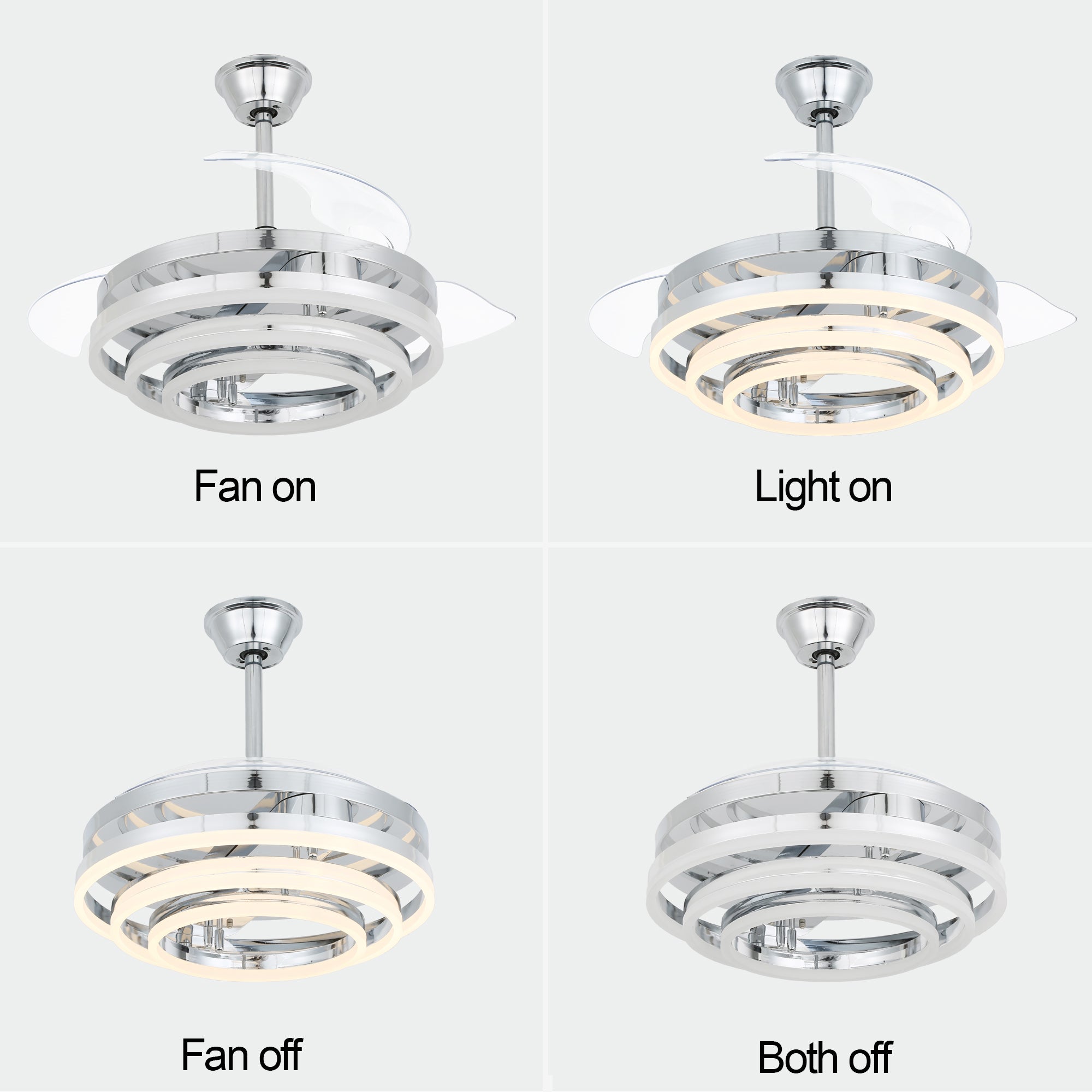 Oaks Aura 42 Inch Retractable Dimmable LED Ceiling Fan Light Remote 3-Color 6-Speed Chandelier