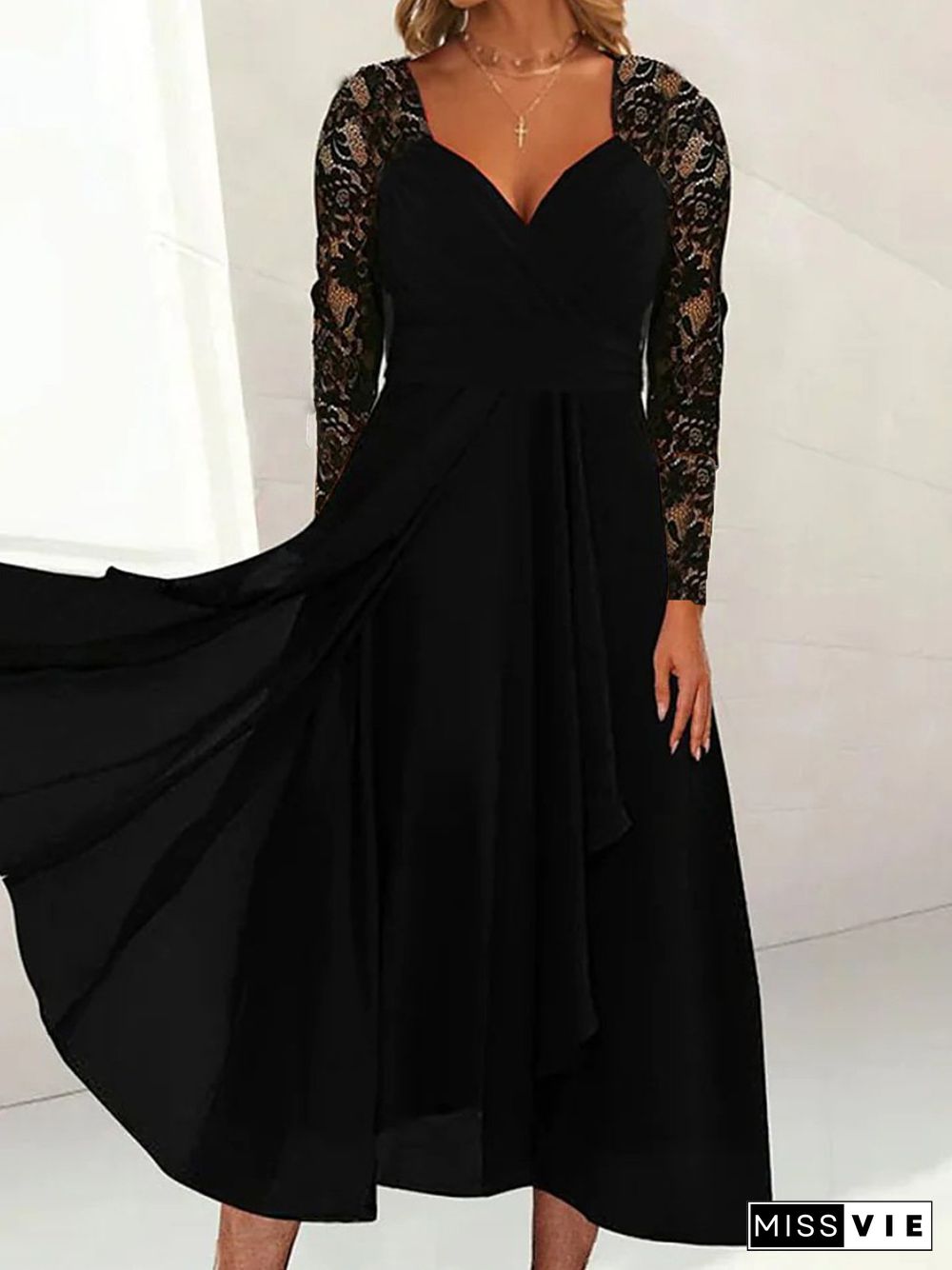 Casual Lace V Neck Loose Plain A-Line Dresses