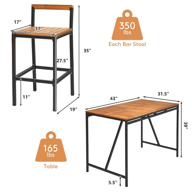 Costway 5pcs Patio Rattan Bar Table Stool Set Acacia Wood Top W umbrella Hole