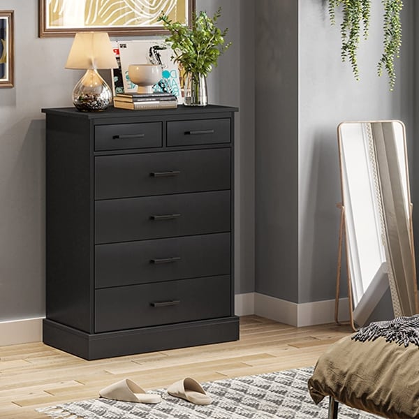 6 Drawer Dresser， Wood Storage Tower Clothes Organizer， Black Chest of 6 Drawers， Large Storage Cabinet - as picture - - 37668791