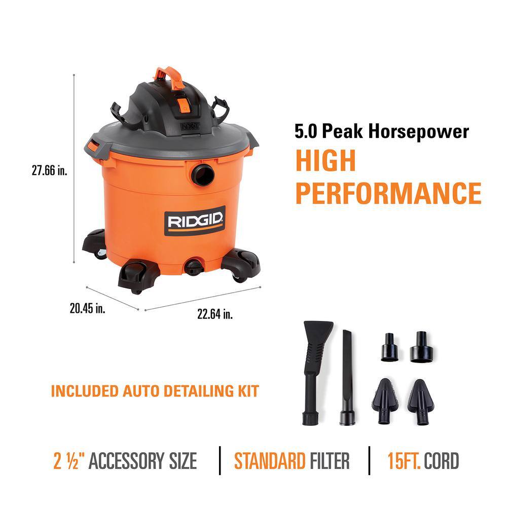 RIDGID 16 Gal. 5.0 Peak HP Nxt WetDry Shop Vacuum with Filter Locking Hose Accessories and Car Cleaning Kit HD1640C