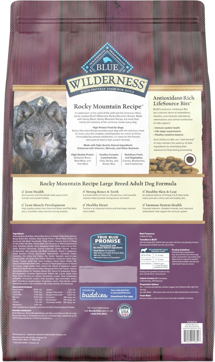 Blue Buffalo Wilderness Red Meat Bison Large Breed Adult Dry Dog Food， 28-lb bag