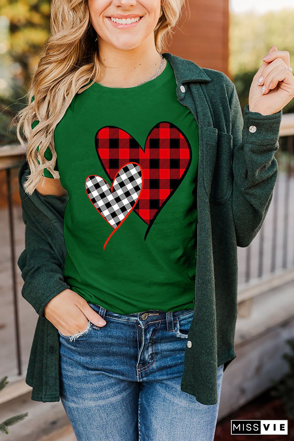 Valentine's Day Plaid Heart Print Short Sleeve Graphic Tee Wholesale