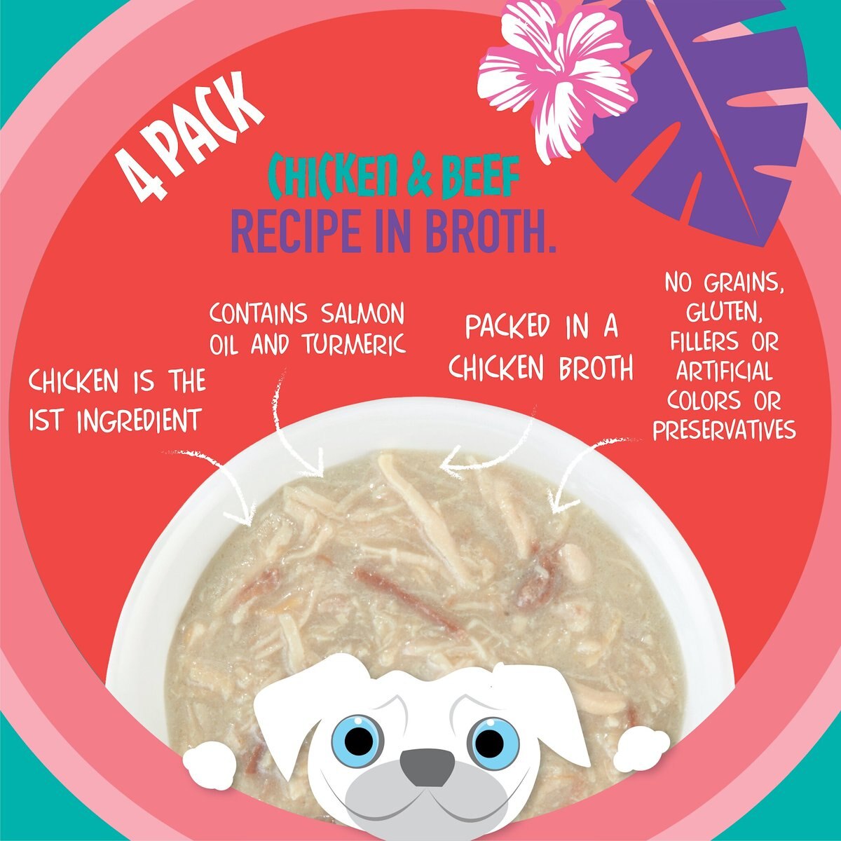 Tiki Dog Meaty High Protein Diet Chicken with Beef Recipe in Broth Grain-Free Wet Dog Food， 3-oz cup， case of 4