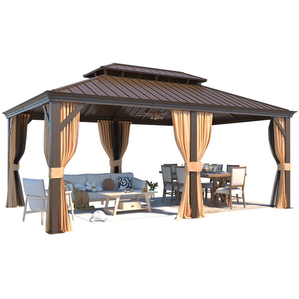 Outdoor Galvanized Steel Hardtop Patio Gazebo Pergola w/Aluminum Frame  Prime Curtains and nettings include