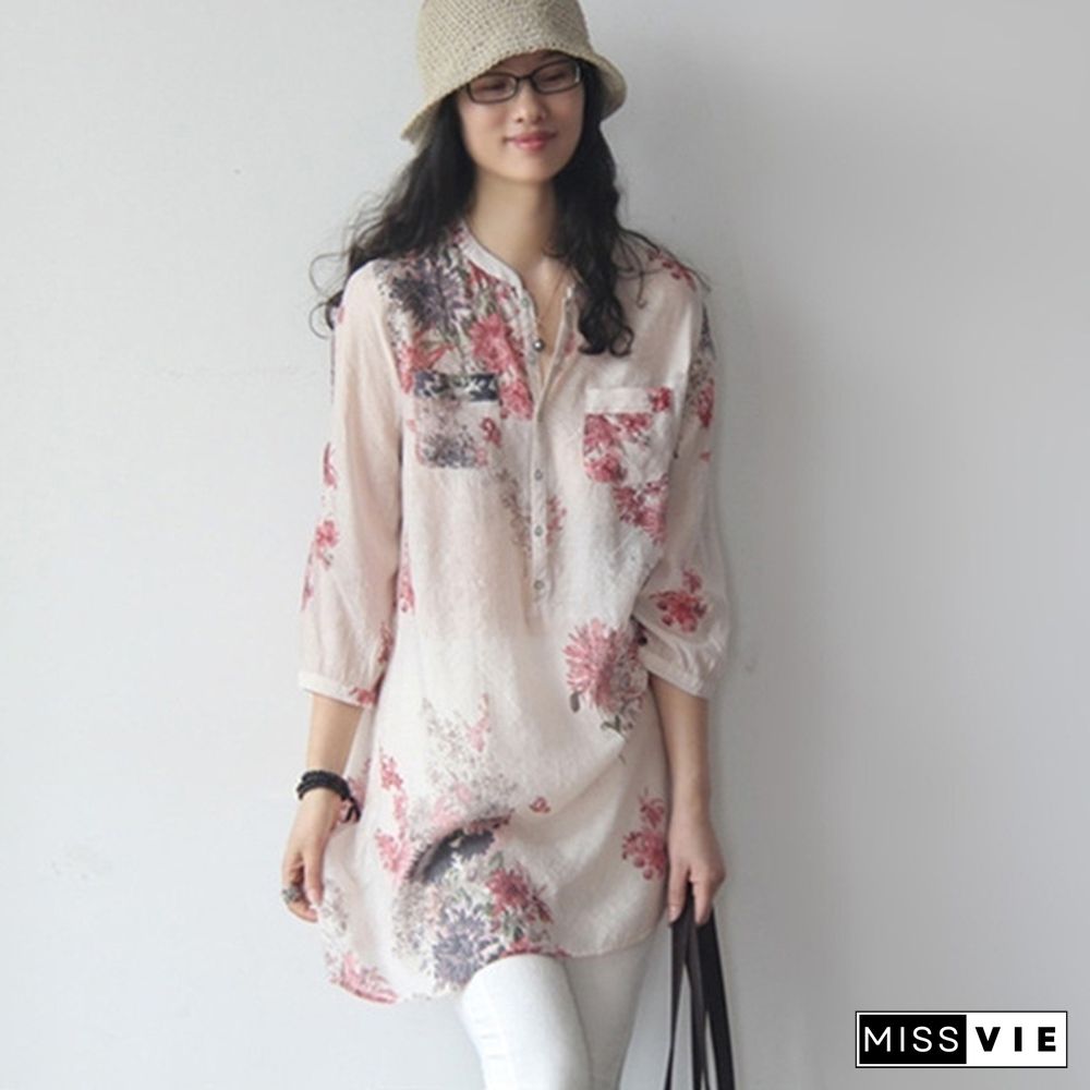 Vintage Women Floral Printed Casual Loose Tops Shirt Tunic Dress