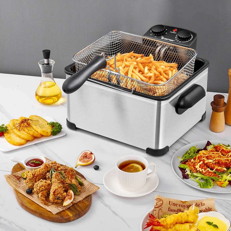 5.3 QT Electric Deep Fryer, 1700W Oil Fryer with Timer, Triple Stainless Steel Frying Basket, Viewing Window Lid