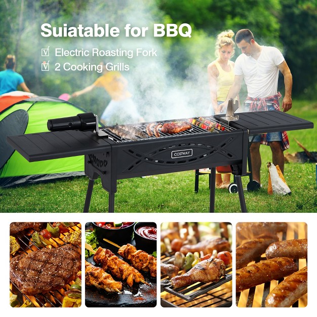 Costway Portable Charcoal Grill W Electric Roasting Fork Removable Legs amp Side Trays