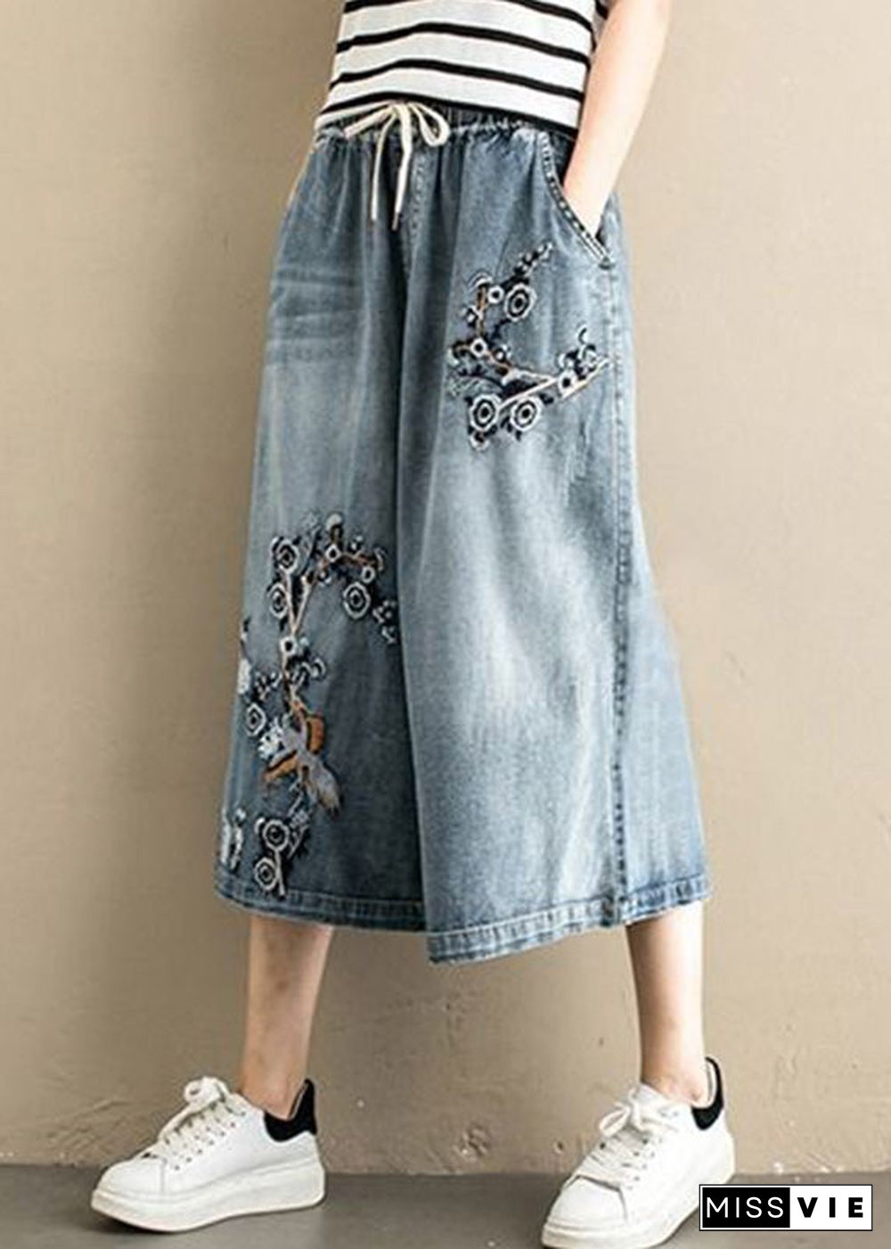 Women Denim Blue Embroideried Tie Waist Wide Leg Pants Summer