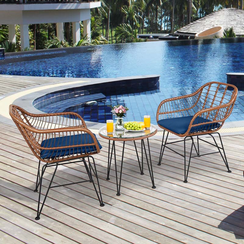 3 Pcs Patio Conversation Bistro Set Outdoor Rattan Furniture Set with Round Table & 2 Rattan Cushioned Armchairs