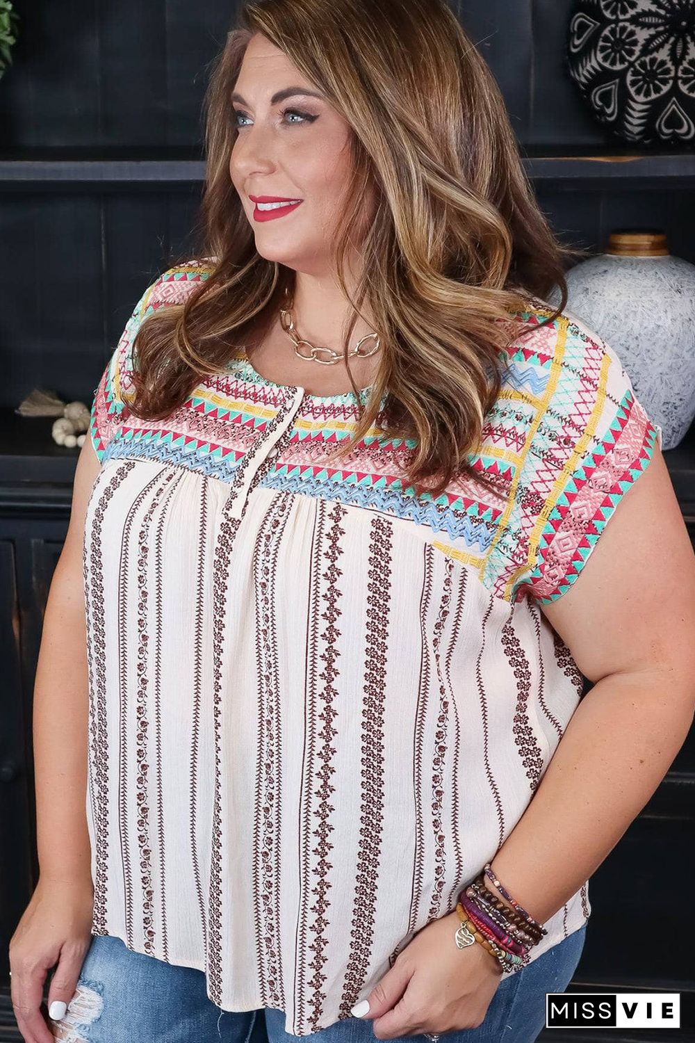 Multicolor Plus Size Boho Floral Striped Print Blouse