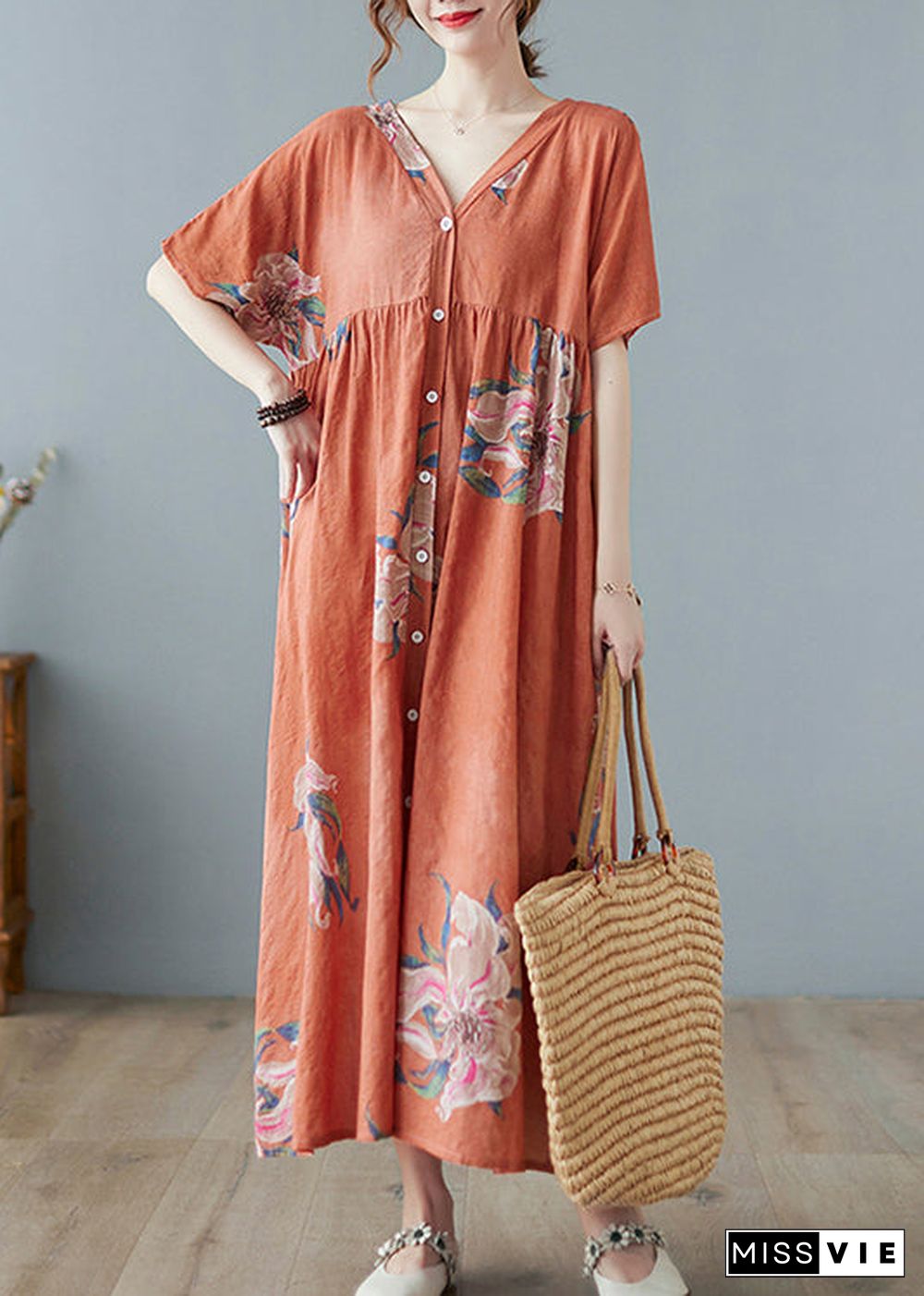 Plus Size Orange V Neck Maxi Dress Short Sleeve