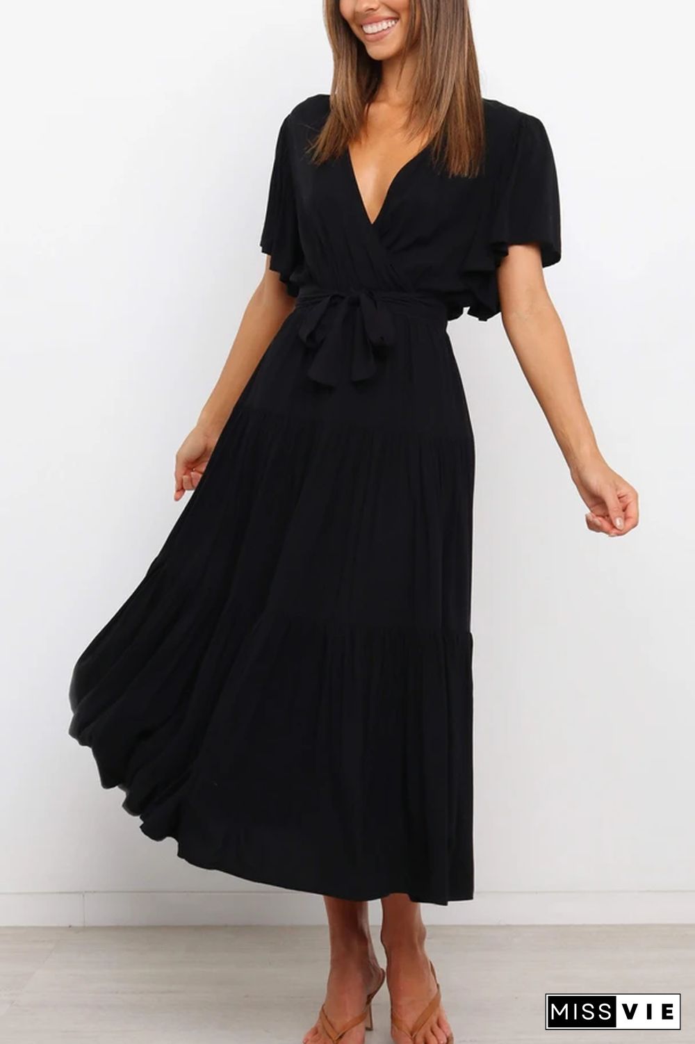 KarliDress Solid Ruffles Belted Maxi Dress P12790