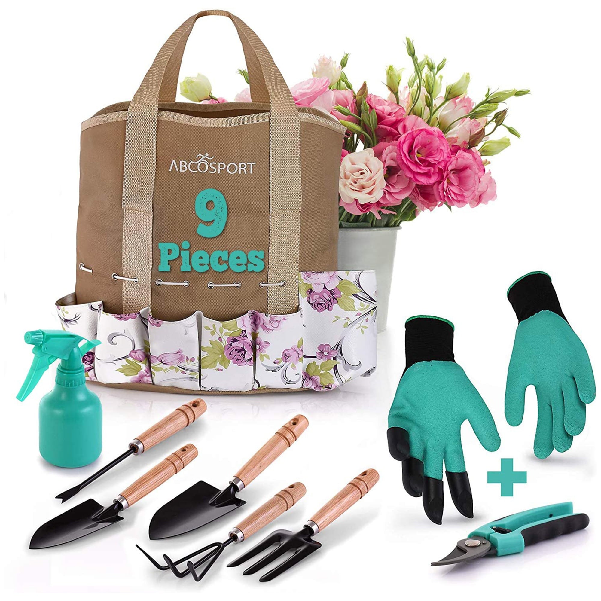 Garden Tools Set - 9 Piece Gardening Kit - Easy to Carry Tote Bag - Pretty Floral Design - Ergonomic Wooden Handle & Heavy Duty, Machine Washable