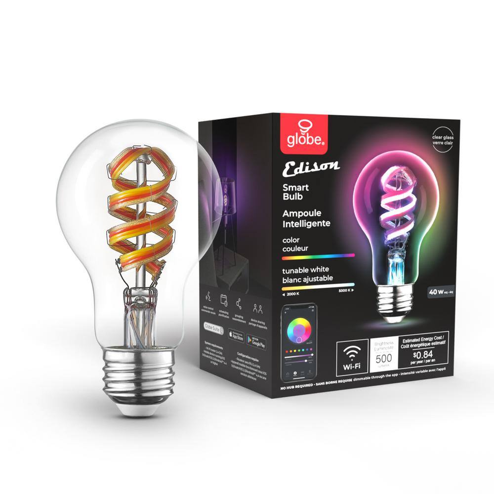 Globe Electric Wi-Fi Smart 7-Watt (40-Watt Equiv) A19 Shape E26 Base LED Light Bulb Multi-Color Changing RGB Tunable White 2000K-5000K 91000192