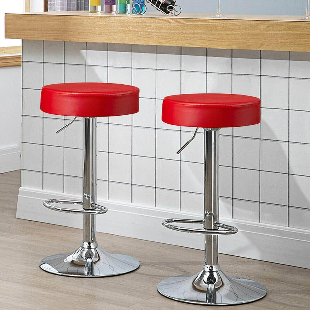 Gymax 34 in. Adjustable Swivel Bar Stool PU Leather Kitchen Counter Bar Chairs Red (2-Pieces) GYM06741