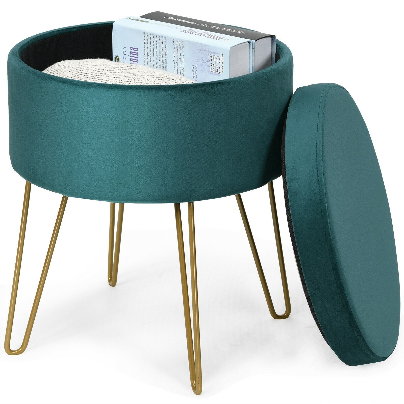 Velvet Footrest Stool Round with Storage Function