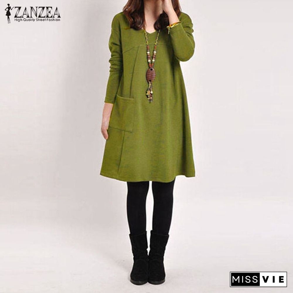 Women V Neck Long Sleeve Casual Loose Tops Shirt Jumper Dress Plus Size