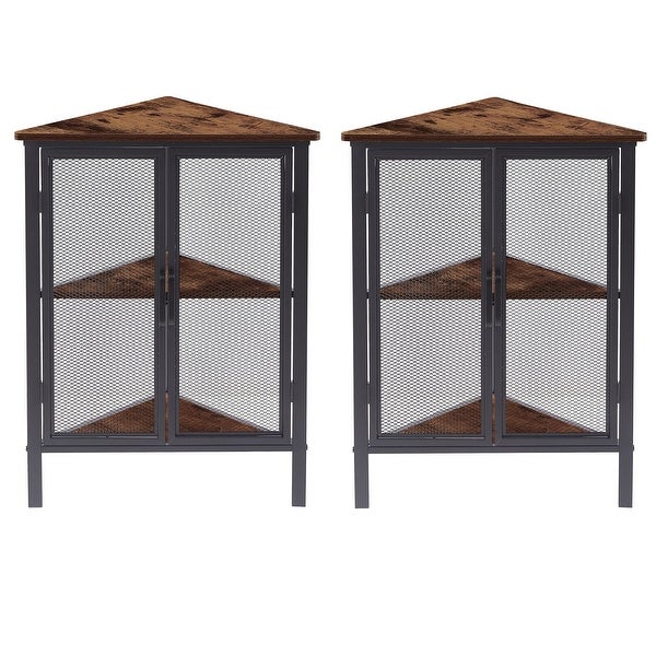 Set of 2 Industrial Triangle Corner Table with Dual Door and 3-tier Shelf Storage Cabinet