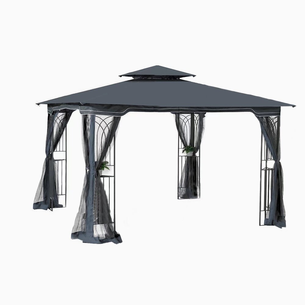 Gray 10x10 ft Patio Canopy Gazebo with Double Tier Roof  Mesh Screens