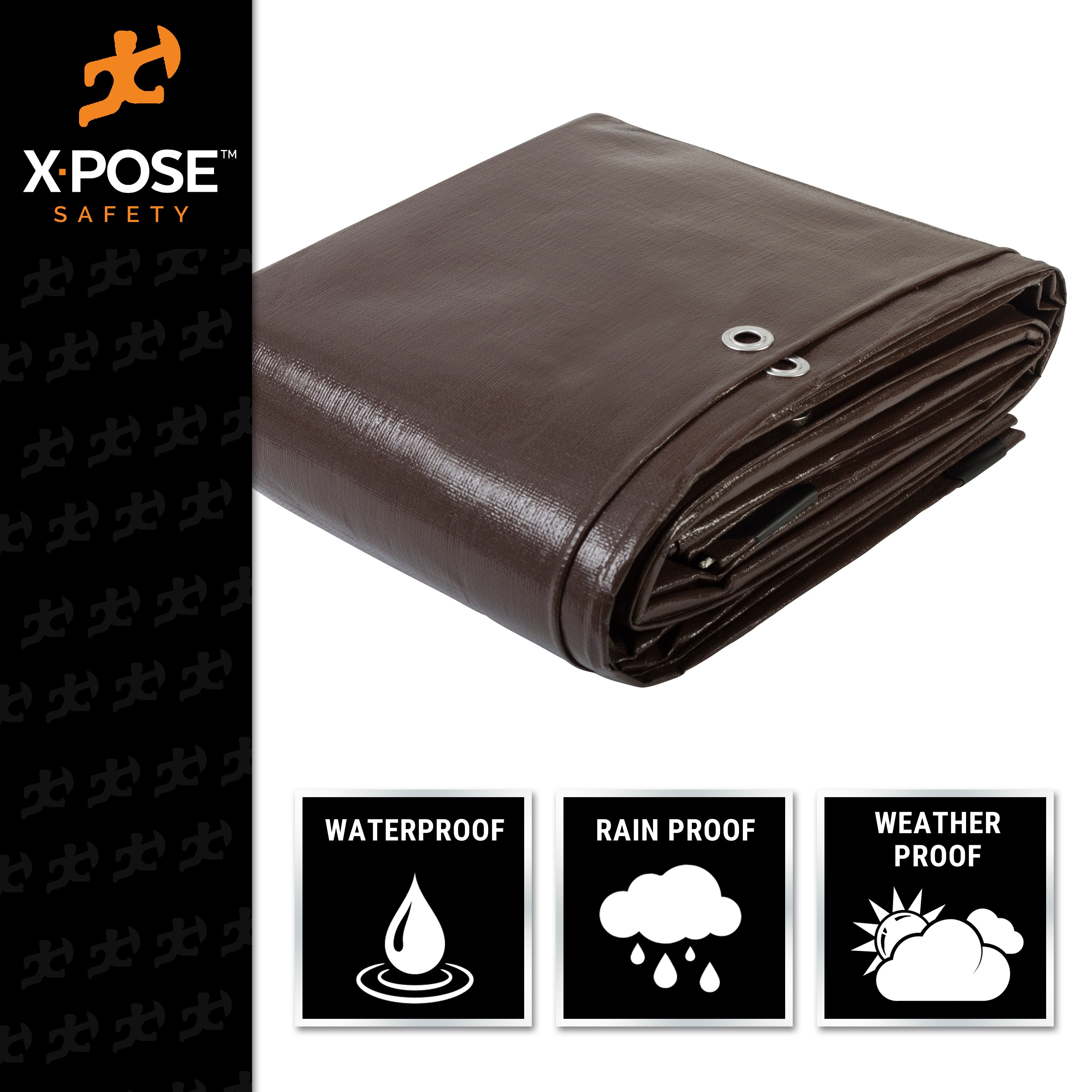 X-pose Safety 10' x 12' Super Heavy Duty 16 Mil Brown Poly Tarp Cover - Thick Waterproof, UV Resistant, Rot, Rip and Tear Proof Tarpaulin with Grommets and Reinforced Edges