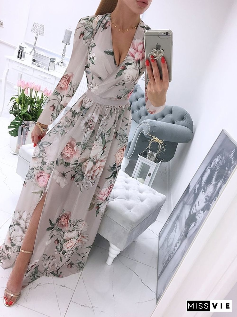 Spring Fashion Floral Print Long Party Dress Ladies Elegant V Neck Long Sleeve Split Dress Sweet Temperament Office Ladies Dress