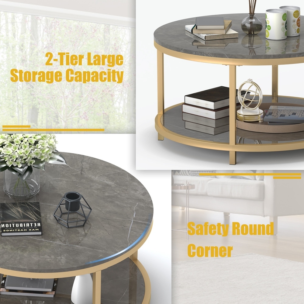 S.Fyronti Round Gray Faux Marble Coffee Table with Golden Legs and Open Shelf