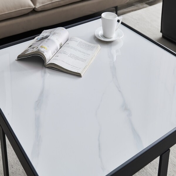 Minimalism Square Coffee Table in Black Metal Frame with Sintered Stone Tabletop