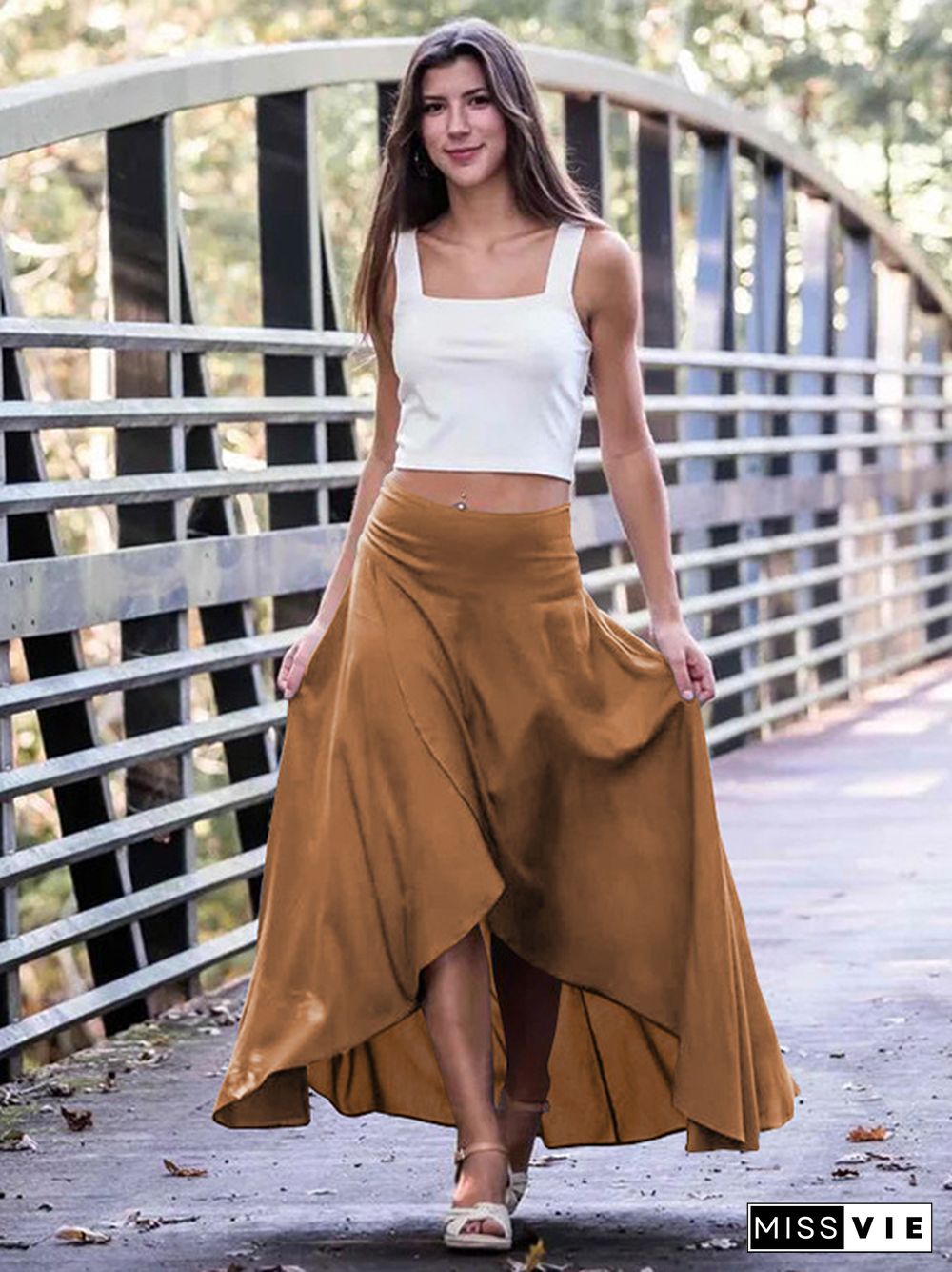 Simple  Asymmetric Split-Front Falbala Solid Color  Skirts Bottoms