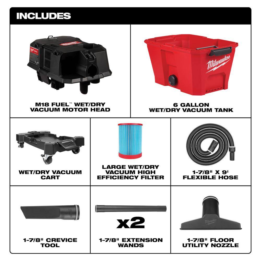 MW M18 FUEL 6 Gal. Cordless WetDry Shop Vac WFilter Hose and AIR-TIP 1-14 in. - 2-12 in. Hose and Dust Collector 0910-20-49-90-2022-49-90-2037