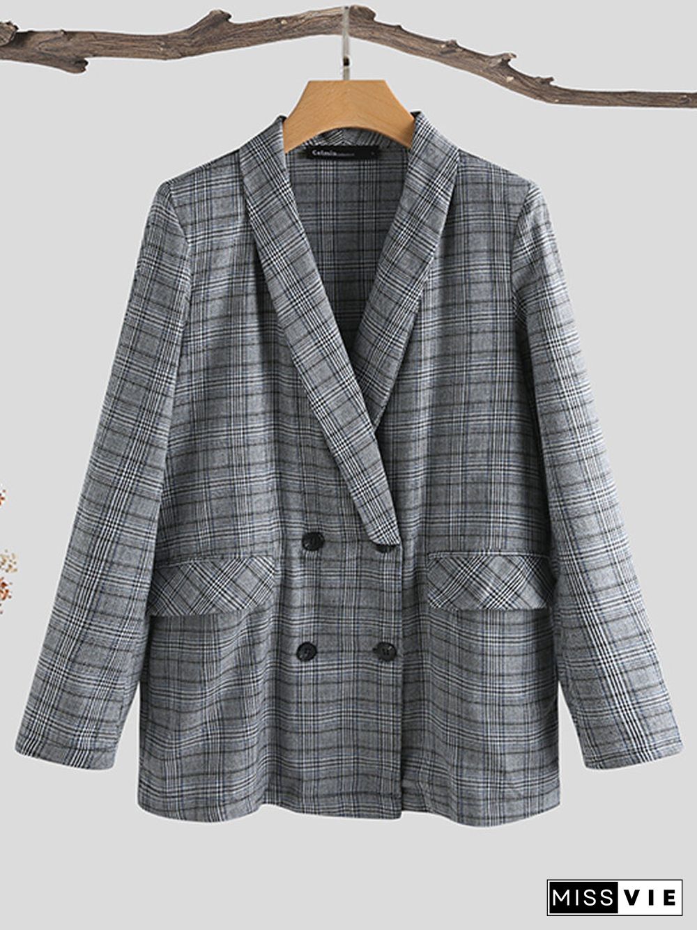 Plaid Print Button Pocket Blazer Long Sleeve Casual Jacket Coat for Women