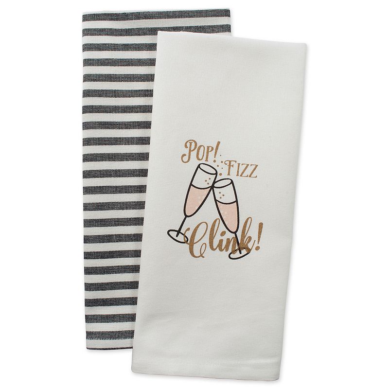 Set of 2 White and Black Assorted Pop Fizz Clink Printed Rectangular Dishtowels 28