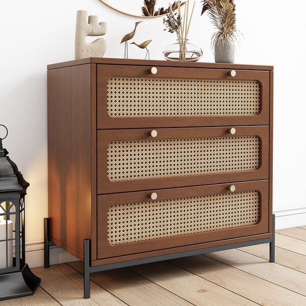 Rattan Wood Storage Cabinet 3-Drawer Chest for Bedroom - - 37989635