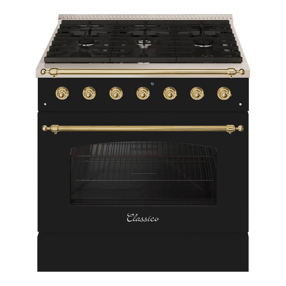 Hallman CLASSICO 36 in. 5.2Cu. ft. 6 Burner Freestanding All Gas Range with LP Gas Stove and Gas Oven Glossy Black Brass Trim HCLRG36BSGB-LP