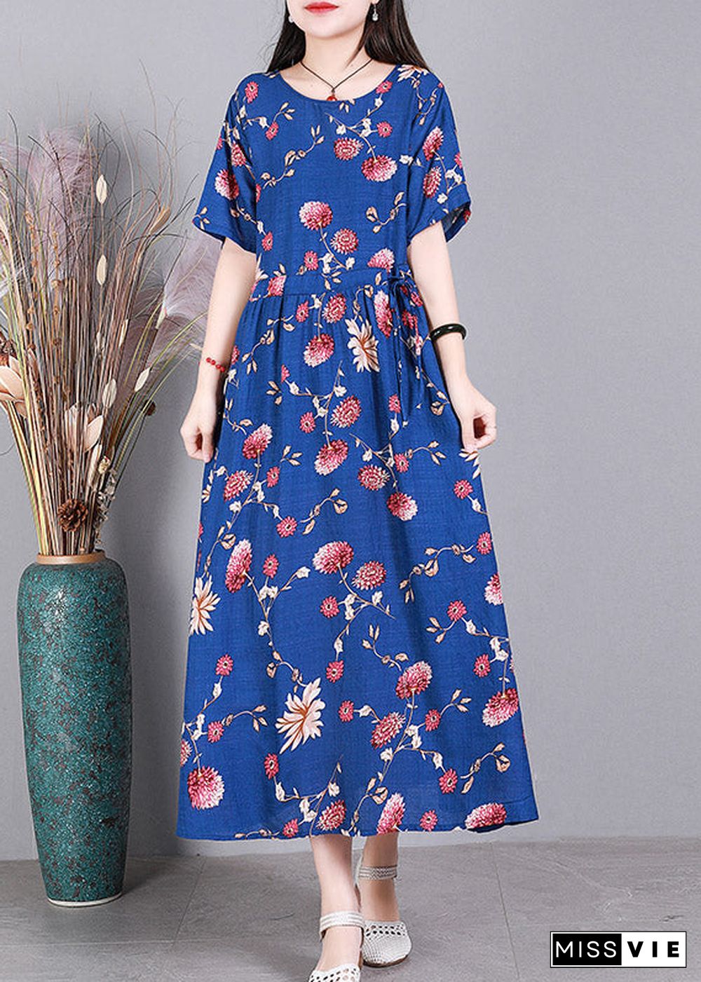 Beach Blue O-Neck Print Drawstring Tie Waist Linen Vacation Dresses Short Sleeve