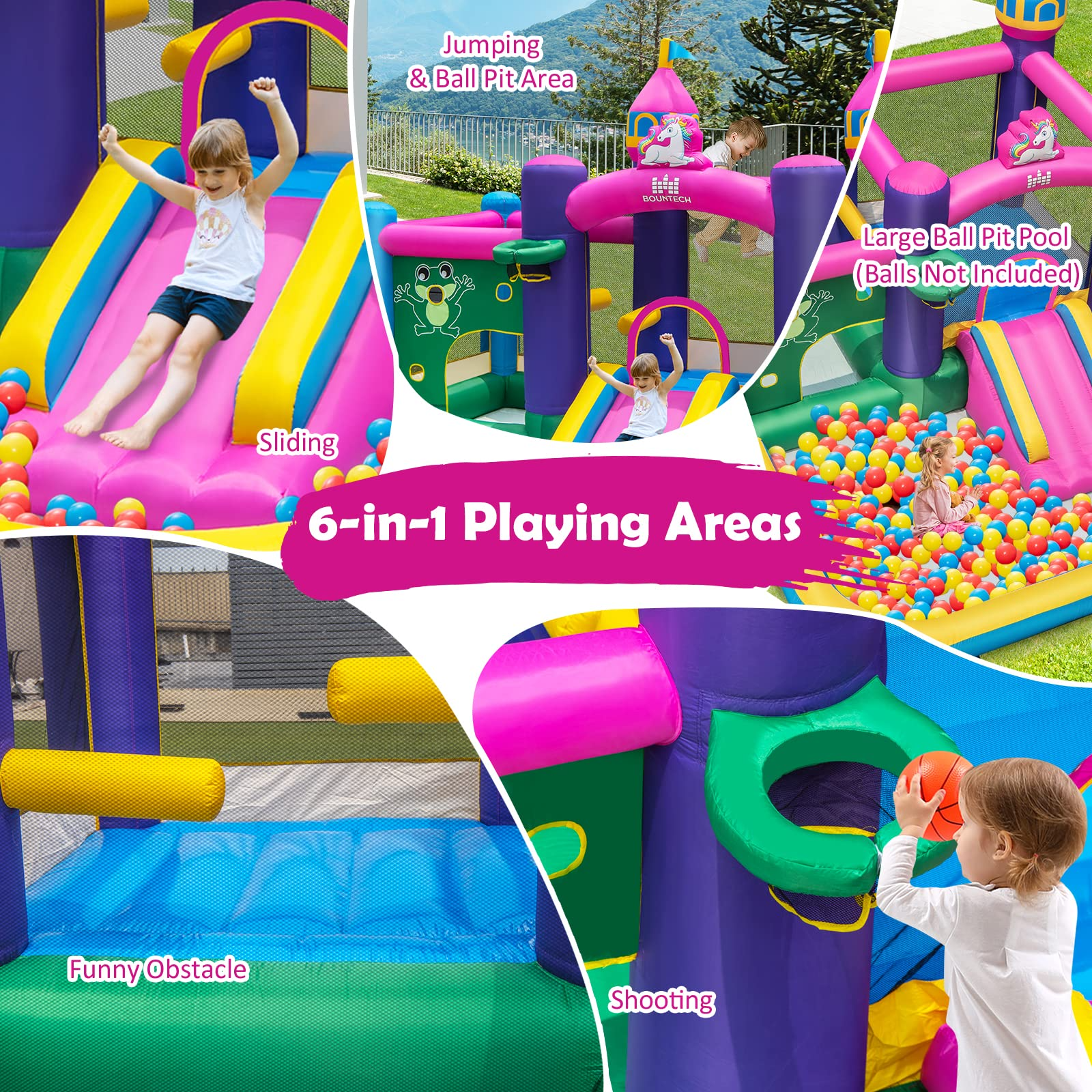 BOUNTECH Inflatable Bounce House, 6-in-1 Giant Indoor Outdoor Party Bouncy Castle for Kids Family Fun w/Large Ball Pit