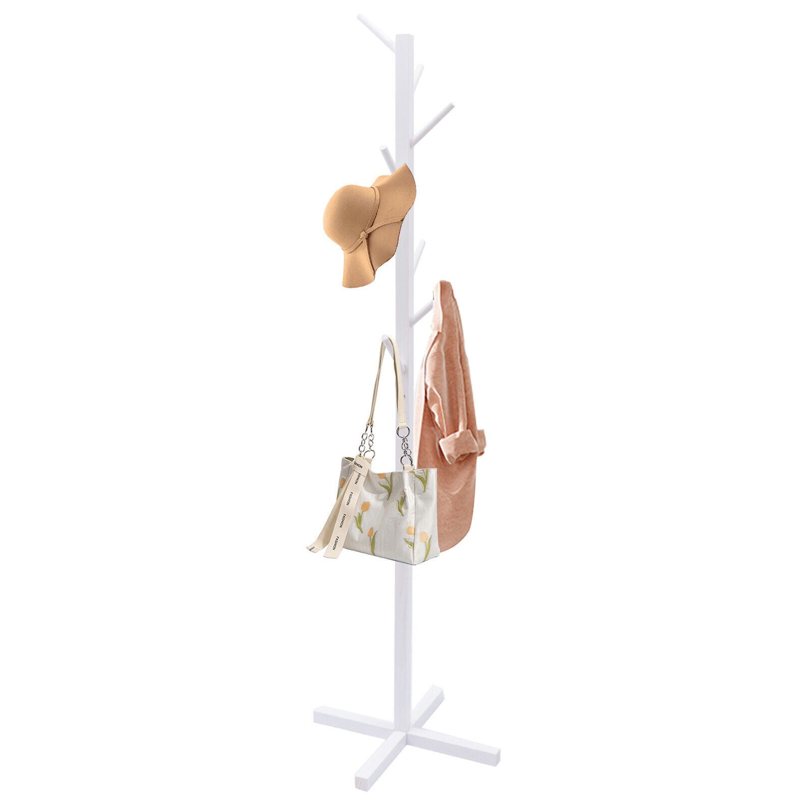 8-Hook Wooden White Coat Stand Hat Display Holder Rack Tree Shape Clothes Hanger Coats Hanger Clothes Rack  Freestanding Clothing Rack Storage Stand Holder