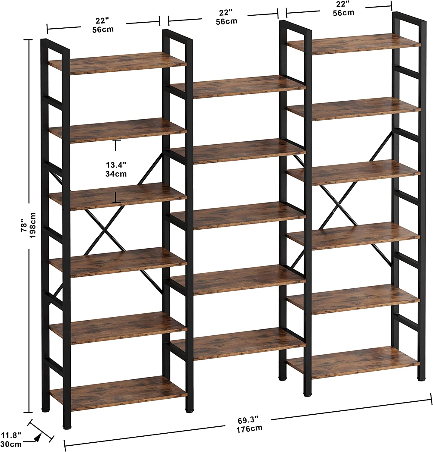 Triple Wide 6 Tiers Industrial Bookshelf, Large Etagere Bookcases and Bookshelves Open Display Shelves with Metal Frame