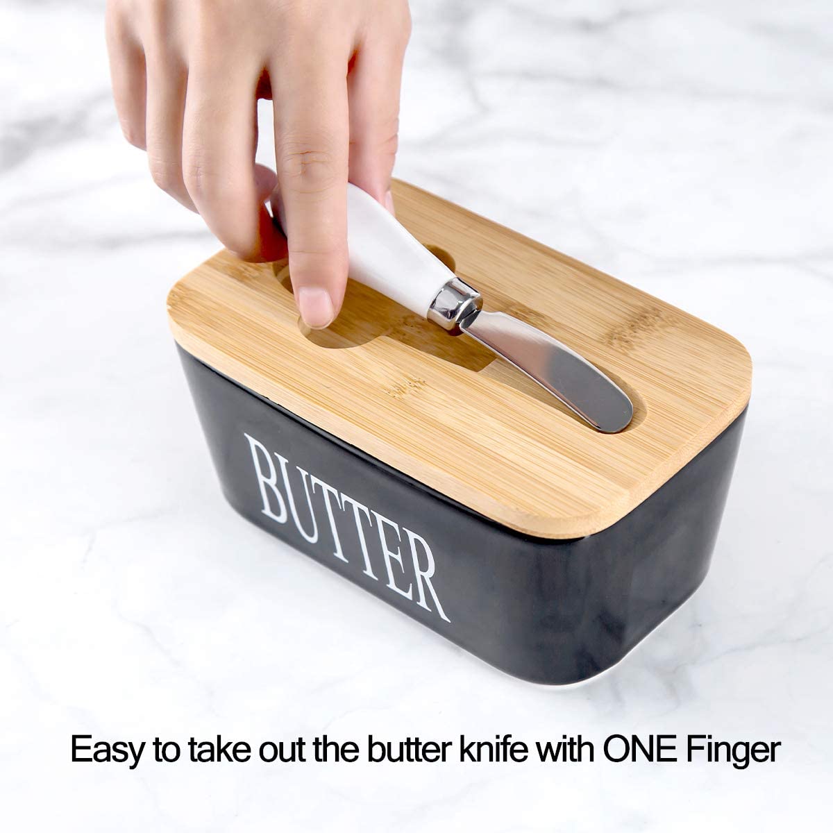 Porcelain Butter Dish with Bamboo Lid - Covered Butter Keeper with Butter Knife for Countertop， Airtight Butter Container with Cover for East West Coast Butter， Black