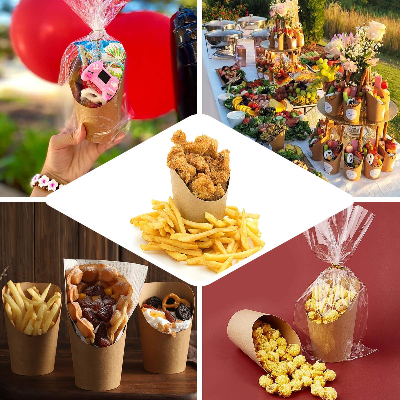 50 Pack Natural Brown Paper Popcorn Box Snack Cups, Disposable Appetizer Cone Cups 14oz