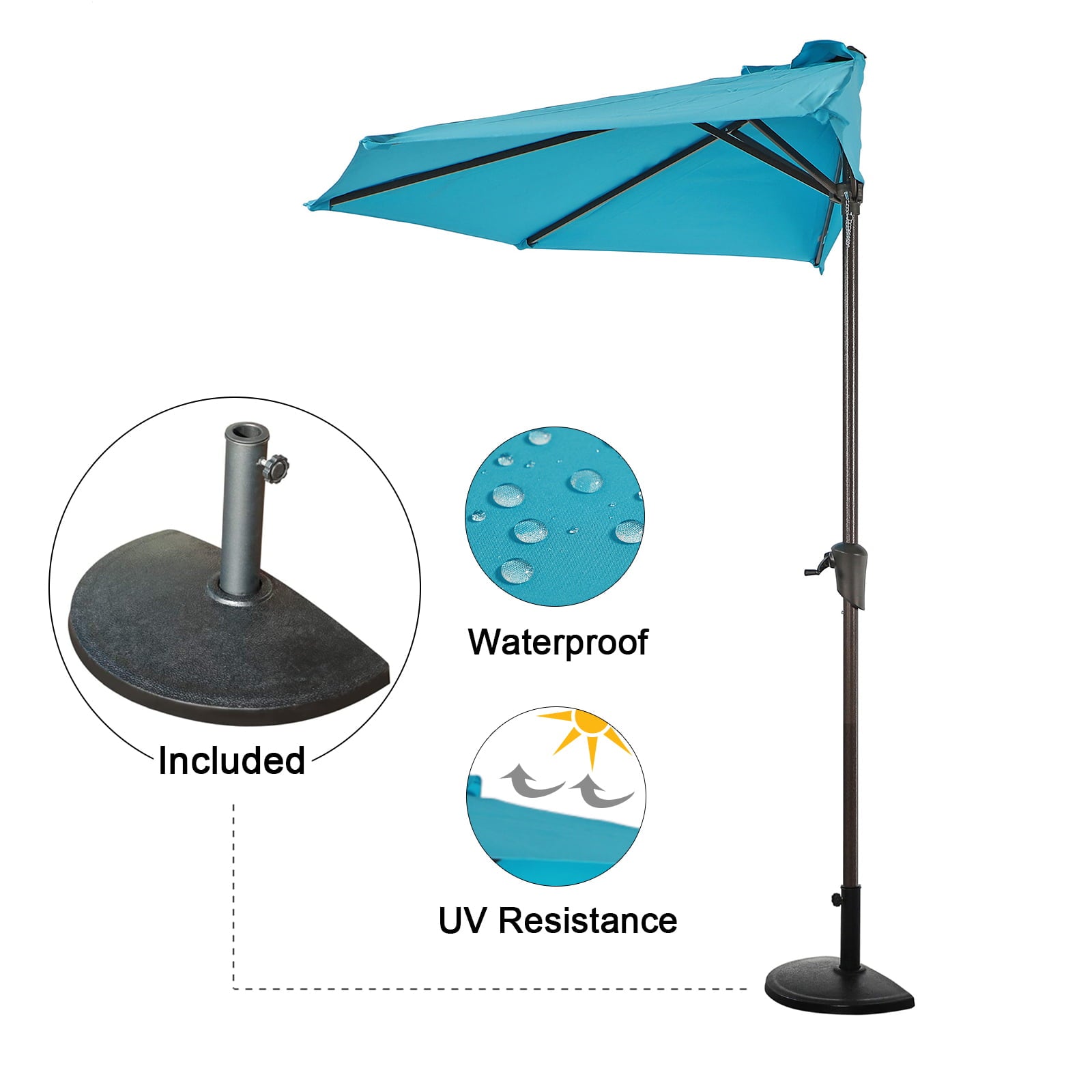 COBANA 9' Half Round Patio Outdoor Umbrella with Heavy-Duty Resin Patio Umbrella Base, Turquoise