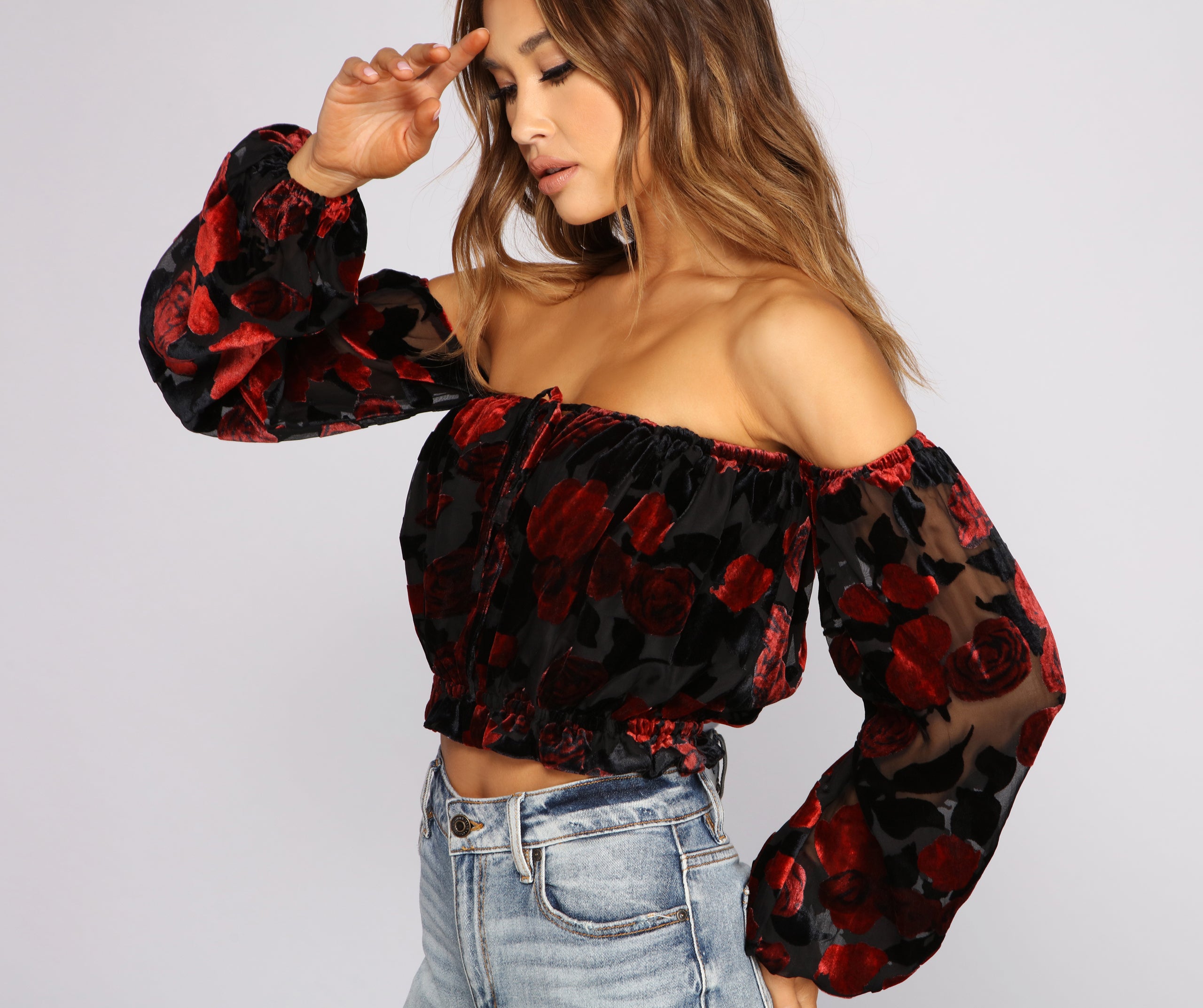 Floral Burnout Off The Shoulder Crop Top